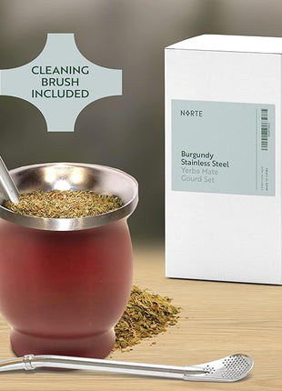 Norte Yerba Mate Cup Kit, 8-Ounces Traditional Mate Tea Cup/Gourd Set | Includes 2 Bombillas (Yerba Mate Straw) & Cleaning Brush, Stainless Steel Cup, Double-Walled, Easy to Clean | Burgundy