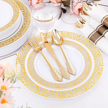DaYammi 210 PCS Gold Plastic Plates, Gold Plastic Dinnerware Sets, Includes: 30 Dinner Plates, 30 Salad Plates, 30 Pre Rolled Napkins with Gold silverware,30 Cups 9 OZ, Perfect for Wedding and Party