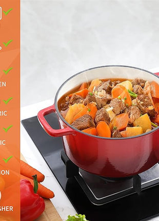 Velaze 6 QT Enameled Cast Iron Dutch Oven, Dual Handles Pot with Lid, Heavy-Duty Non-stick Round Oven for Bread Baking, Stewing, Roasting, Good Sealing for All Heat Source (Red)