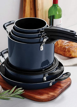 Tramontina Aluminum Non Stick 11-Piece Nesting Pots and Pans Set with Lids - Naval, Kitchen Nonstick Cookware Set, Dishwasher and Oven Safe
