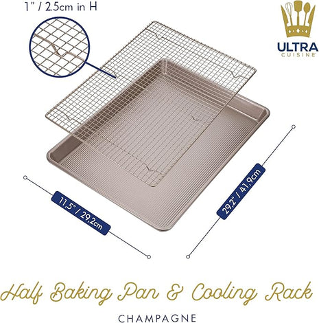 Ultra Cuisine Wire Rack Baking Sheet Pan Set - Half Sheet Pan Set with 100% Stainless Wire Rack - Dishwasher Safe - Steel Reinforced Rim - Aluminum Cooling racks for Cooking and Baking - Champagne