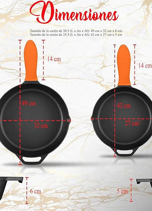 NutriChef 10" & 12" Pre-Seasoned Cast Iron Pans - Durable Nonstick Skillets, Cool-Touch Silicone Handle, For Oven, Grill & All Stovetops