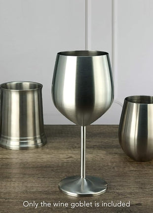 PG Set of 4 Stainless Steel Wine Glass - 18.5oz Silver Brush Finished Wine Glasses - Unbreakable Wine Glasses - Stem Metal Wine Goblets