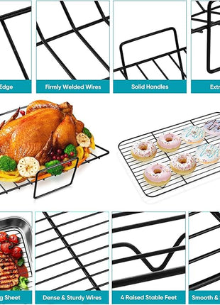 TeamFar Roasting Pan, 16’’ Nonstick Deep Lasagna Brownie Turkey Pan with V-Shaped Rack & Cooling Rack, with Stainless Steel Core & Nonstick Coating, Healthy & Sturdy Handles, Easy to Clean, Set of 3