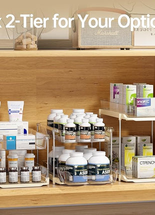 Delamu 2 Pack 3-Tier Bathroom Under Sink Organizers and Storage, Multi-Purpose Stackable Pantry Organization and Storage, Pull Out Clear Kitchen Bathroom Cabinet Organizer with Movable Dividers, Beige