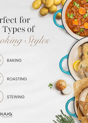 Nuovva Enamelled Cast Iron Dutch Oven Pot with Lid 6.4 Quart Non Stick Casserole Pot – Heavy Duty & Oven Safe up to 500° F for Bread Baking, Braising, Stews, Roasting – 28cm Light Blue