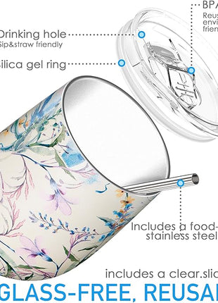 THILY Stainless Steel Insulated Wine Tumbler Stemless Wine Glass with Lid and Straw, Splash-proof, Reusable, Cute Travel Cup for Coffee, Cocktails, Keep Drinks Cold, Gifts for Women, Girls, Orchid