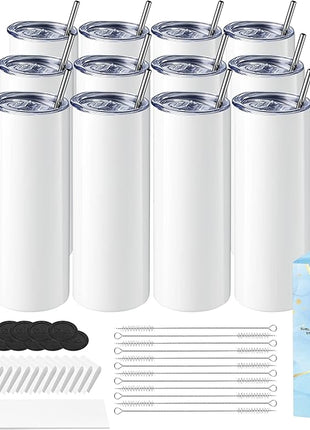 Hiipoo 12 Pack Sublimation Tumblers Blank 20 oz Straight Skinny with Sublimation Papers, Lids and Straws, Shrink Wrap Films, Stainless Steel Double Wall Insulated Tumbler for Mug Press Machine