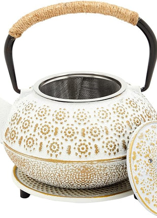 Juvale Stovetop Cast Iron Tea Kettle with Infuser - Superior Heat Retention Loose Leaf Tea Pot - Built-In Teapot with Strainer - Includes Trivet & Infuser Kettle - White, 27 Oz (800 ml)