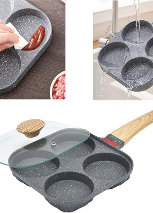 4-Cup Aluminum Nonstick Egg Pan with Lid, Suitable for Gas Stove & Induction Cookware