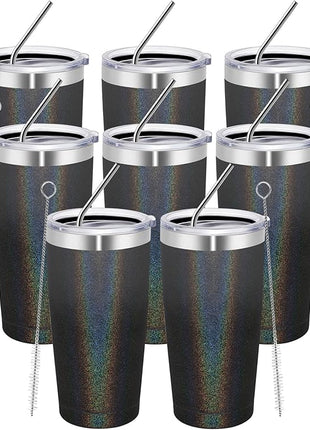 MEWAY 20oz Tumbler 8 Pack Double Wall Vacuum Insulated Travel Glitter Mug Bulk, Stainless Steel Tumblers with Lid and Straw, Powder Coated Coffee Cups for Woman(Gradient Black or Navy,Set of 8)