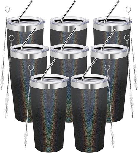 MEWAY 20oz Tumbler 8 Pack Double Wall Vacuum Insulated Travel Glitter Mug Bulk, Stainless Steel Tumblers with Lid and Straw, Powder Coated Coffee Cups for Woman(Gradient Black or Navy,Set of 8)