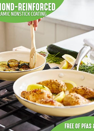GreenLife Artisan Healthy Ceramic Nonstick, 8" and 10" Frying Pan Skillet Set, Stainless Steel Handle, Induction, PFAS-Free, Dishwasher Safe, Oven Safe, Yellow