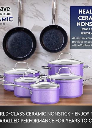 Nuwave Healthy Duralon Blue Ceramic Nonstick Cookware Set, Diamond Infused Scratch-Resistant, PFAS Free, Dishwasher & Oven Safe, Induction Ready & Evenly Heats, Tempered Glass Lids & Stay-Cool Handles
