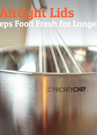 Priority Chef Premium Mixing Bowls With Lids Set, Airtight Lids, Thicker Stainless Steel, Non-Slip Base, 5 Nesting Steel Bowls for Kitchen, Large Prep Metal Bowl Set 1.5/2/3/4/5 Qt, Khaki