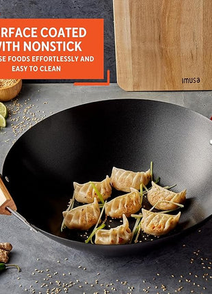 Imusa 14in Carbon Steel Nonstick Wok with Wood Handles, Black
