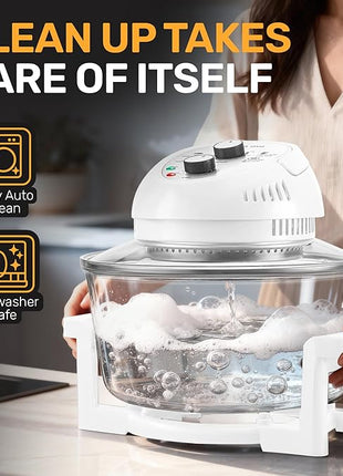 Big Boss 16Qt Extra Large Glass Air Fryer Non Toxic – Family Sized 4 in 1 Cooker with 3 Cooking Sections, Stainless Steel Racks for French Fries, Chicken, No Preheat, Self Cleaning, Dishwasher Safe