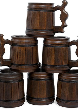 Set of 6 Beer Mug 10 OZ - Coffee Mug - Beer stein - Wooden beer mug - Stainless Steel Cup - Handmade Gifts for Men - Fathers Day, Christmas or Birthday Gift Idea - Men Mug - Classic Brown