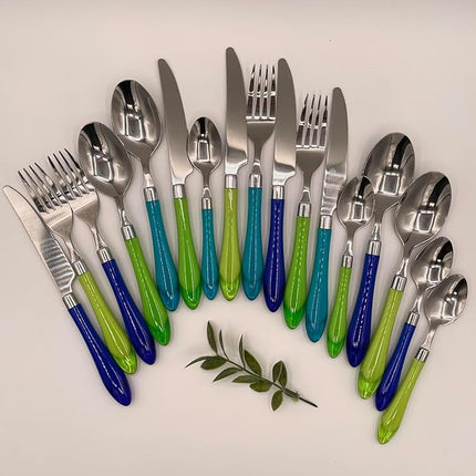 The Original Brink House Sea Blue Green Mix & Match Stainless Steel Cutlery Set with Translucent Handles / 16 pieces with Metal Stand/Lifestyle utensils set for home, apartment, dorm, outdoor events