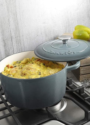 Crock Pot Artisan 5-Quart Round Enameled Cast Iron Dutch Oven – Slate Gray, Heavy-Duty Cookware for Slow Cooking, Roasting, Baking with Lid