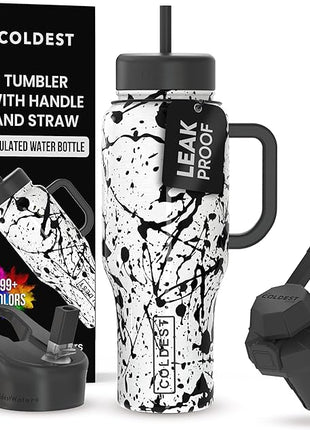 Coldest Tumbler with Handle and Straw - 100% Leak Proof Insulated Tumbler with Lid and Straw (3 Lids) - Stainless Steel Tumblers for Women & Men - Cup Holder Friendly Base, 36 oz (Dark Matter)