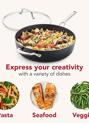 KitchenAid Hard Anodized Induction Nonstick Cookware Saute Pan/Jumbo Cooker with Lid and Helper Handle, Dishwasher Safe, 5 Quart Non Stick Sauteuse with Stainless Steel Handles - Matte Black