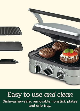 Cuisinart Griddler Indoor Grill, Panini Press, Sandwich Maker & More, 5-in-1 Grilling, Dishwasher-Safe Nonstick Cooking Plates, GR-4NNAS, Stainless Steel
