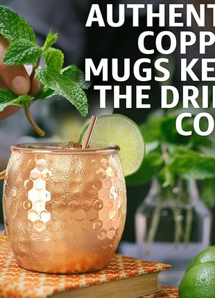 Benicci Moscow Mule Copper Mugs - Set of 4-100% HANDCRAFTED - Food Safe Pure Solid Copper Mugs - 16 oz Christmas Gift Set with Premium Quality Cocktail Straws and Jigger!