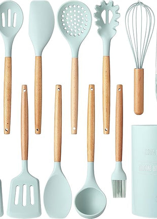 Country Kitchen Non Stick Silicone Utensil Set with Rounded Wood Handles for Cooking and Baking, 14 Piece Set, Mint