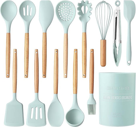 Country Kitchen Non Stick Silicone Utensil Set with Rounded Wood Handles for Cooking and Baking, 14 Piece Set, Mint