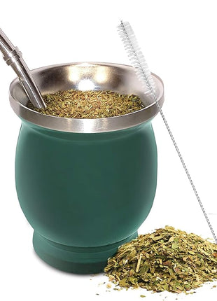 Norte Yerba Mate Cup Kit, 8-Ounces Traditional Mate Tea Cup/Gourd Set | Includes 2 Bombillas (Yerba Mate Straw) & Cleaning Brush, Stainless Steel Cup, Double-Walled, Easy to Clean | Green