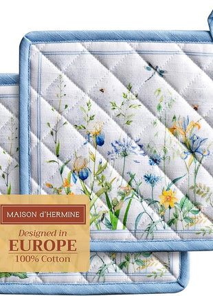 Maison d' Hermine Pot Holders Set 100% Cotton Heat Resistant Potholders 8" x 8" Hot Pads with Loop BBQ, Cooking, Baking, Grilling, Kitchen, Handling Hot Pans Spring/Summer (Pack of 2, Fleurs De Mai)