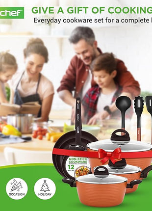 NutriChef Professional 12-Piece Brown Nonstick Cookware - PFOA/PFOS-Free, Heat Resistant Lacquer, Elegant Design, Multi-Sized Pots and Pans