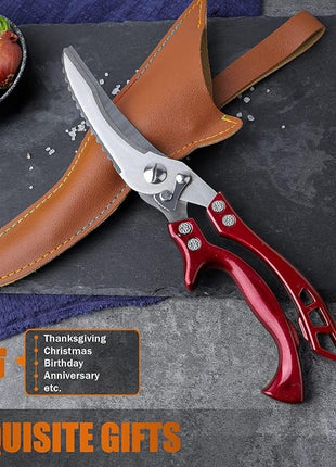 Poultry Shears, Red Heavy Duty Kitchen Shears with Serrated Edge, No Rust Spring Loaded, Multipurpose Stainless Steel Kitchen Scissors for Chicken Meat, Turkey, Fish, Christmas Gifts for Men Women