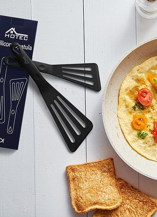 HOTEC 600℉ Heat Resistant Silicone Slotted Fish Turner Spatula Set, BPA Free Flipper Cooking Spatulas, for Non Stick Cookware Dishwasher Safe, Black