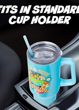 Silver Buffalo Scooby Doo Mystery Machine Featuring Shaggy, Velma, Fred and Daphne Stainless Steel Tumbler with Handle and Straw, Fits in Standard Cup Holder, 40 Ounces