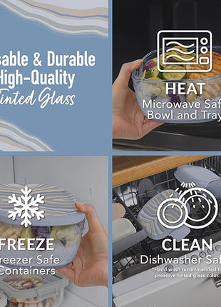 Bentgo Glass Prints All-in-One Salad Container - 61oz Tinted Glass Salad Bowl with Lid, Bento-Style Tray, Sauce Container, & Reusable Fork - Dishwasher & Microwave Safe (Wildly Chic - Soft Blue)