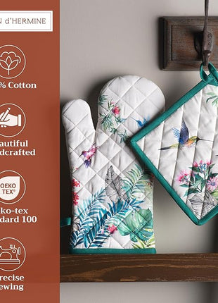 Maison d' Hermine 100% Cotton Oven Mitt & Pot Holder Set (7.5"x13" & 8"x8") Heat Resistant BBQ Cooking Gloves with Loop, Baking, Grilling, Kitchen, Handling Hot Pans Spring/Summer (Tropiques)