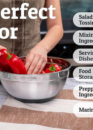 Priority Chef Stainless Steel Mixing Bowls with Lids Set - Premium 30Pcs with 6pc Metal Bowl Set for Kitchen, 3 Graters, Airtight Lids, Non-Slip Bases & Silicone Utensils, Grey