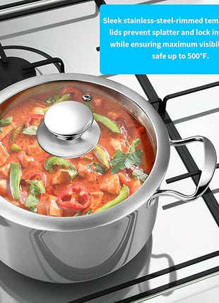 Stainless Steel Pots and Pans Set, 7-Piece Kitchen Cookware Sets with Glass Lids, Stay-Cool Handle, Oven Safe, Works with Induction/Electric and Gas Cooktops, Dishwasher