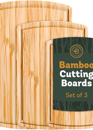 Bambüsi Wood Cutting Boards for Kitchen - Bamboo Cutting Board Set with Deep Juice Groove & Side Handles - Chopping Board Butcher Block for Meat, Vegetables, Charcuterie, Cheese, Serving, or Meal Prep