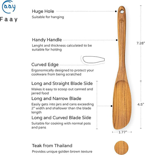 FAAY Jar Spoon, 12" Mixed Bowl Wooden Spoons for Cooking, Handmade Teak Wooden Spoon, Healthy Utensils, Suitable for Right Hand.