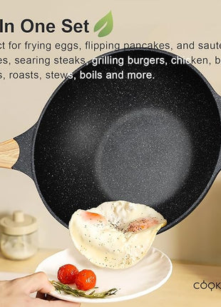 COOKLOVER Nonstick Woks And Stir Fry Pans Die-cast Aluminum Scratch Resistant 100% PFOA Free Induction Wok pan with Lid 12.6 Inch - Black