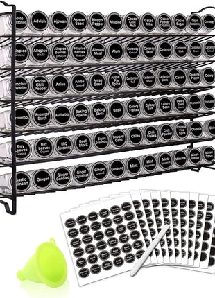 SWOMMOLY Spice Rack Organizer with 72 Empty Square Spice Jars, 340 Spice Labels with Chalk Marker and Funnel Complete Set,for Countertop,Cabinet or Wall Mount, Black