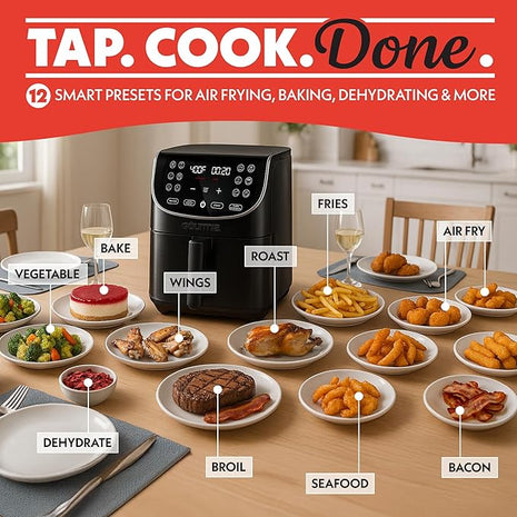 Gourmia Air Fryer - 7 Qt Large Capacity, FryForce 360º, Digital Display with 12 Presets, Roast, Bake, Broil, Dehydrate, Dishwasher Safe Accessories, Black