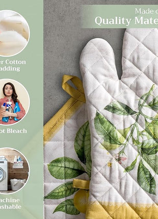 Maison d' Hermine 100% Cotton Oven Mitt & Pot Holder Set (7.5"x13" & 8"x8") Heat Resistant BBQ Cooking Gloves with Loop, Baking, Grilling, Kitchen, Handling Hot Pans Spring/Summer (Limoncello)
