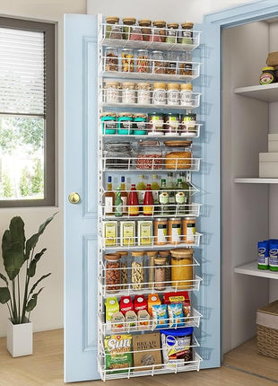 White 10-Tier Over The Door Pantry Organizer, Pantry Organization and Storage, Metal Hanging Adjustable Basket, Wall Spice Rack Seasoning Shelves, Home & Kitchen Essentials