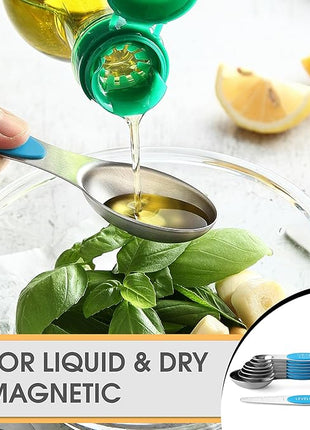 Spring Chef Stainless Steel Magnetic Measuring Spoons Set of 8 with Leveler, Nesting Teaspoon & Tablespoon Measuring Spoons for Dry and Liquid Ingredients, Kitchen Gadgets for Baking & Cooking - Teal