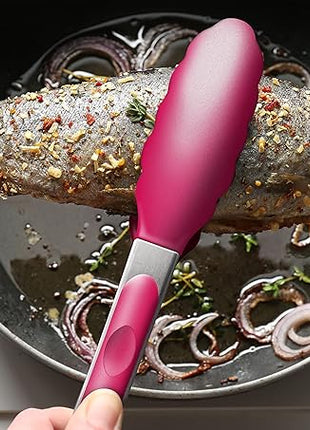 Premium Stainless Steel Food Tongs, 9-Inch & 12-Inch Wine Red Silicone BPA Free Non-Stick BBQ Cooking Grilling Locking Kitchen Tong