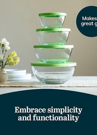 Libbey Baker's Basics 4 Piece Glass Mixing Bowl Set with Plastic Lids - Elegant Nesting Bowls - Glass Mixing Bowls with Lids to Store, Serve and More